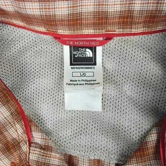 The North Face Men’s Large Button Up Shirt Short Sleeve Orange Plaid Pockets - Picture 3 of 6